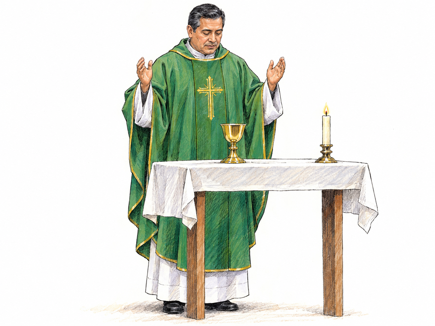 A Catholic priest celebrating a service, with his richly draped green chasuble as the dominant subject and a simple altar and chalice establishing its ceremonial use.