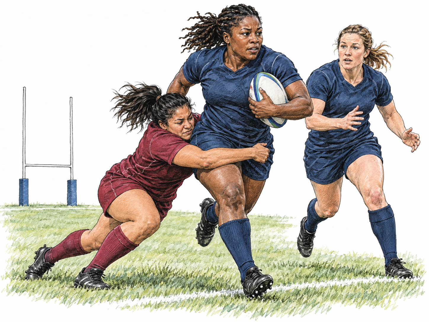 A women's rugby ball carrier is tackled legally around the hips while a teammate runs alongside for support, with an H-shaped rugby goal behind them.