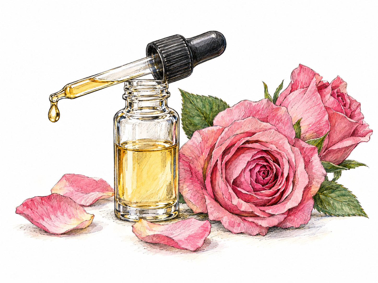 A tiny open essential-oil vial with a glass dropper releasing one pale-gold oily drop, beside fresh fragrant roses and a few loose petals.