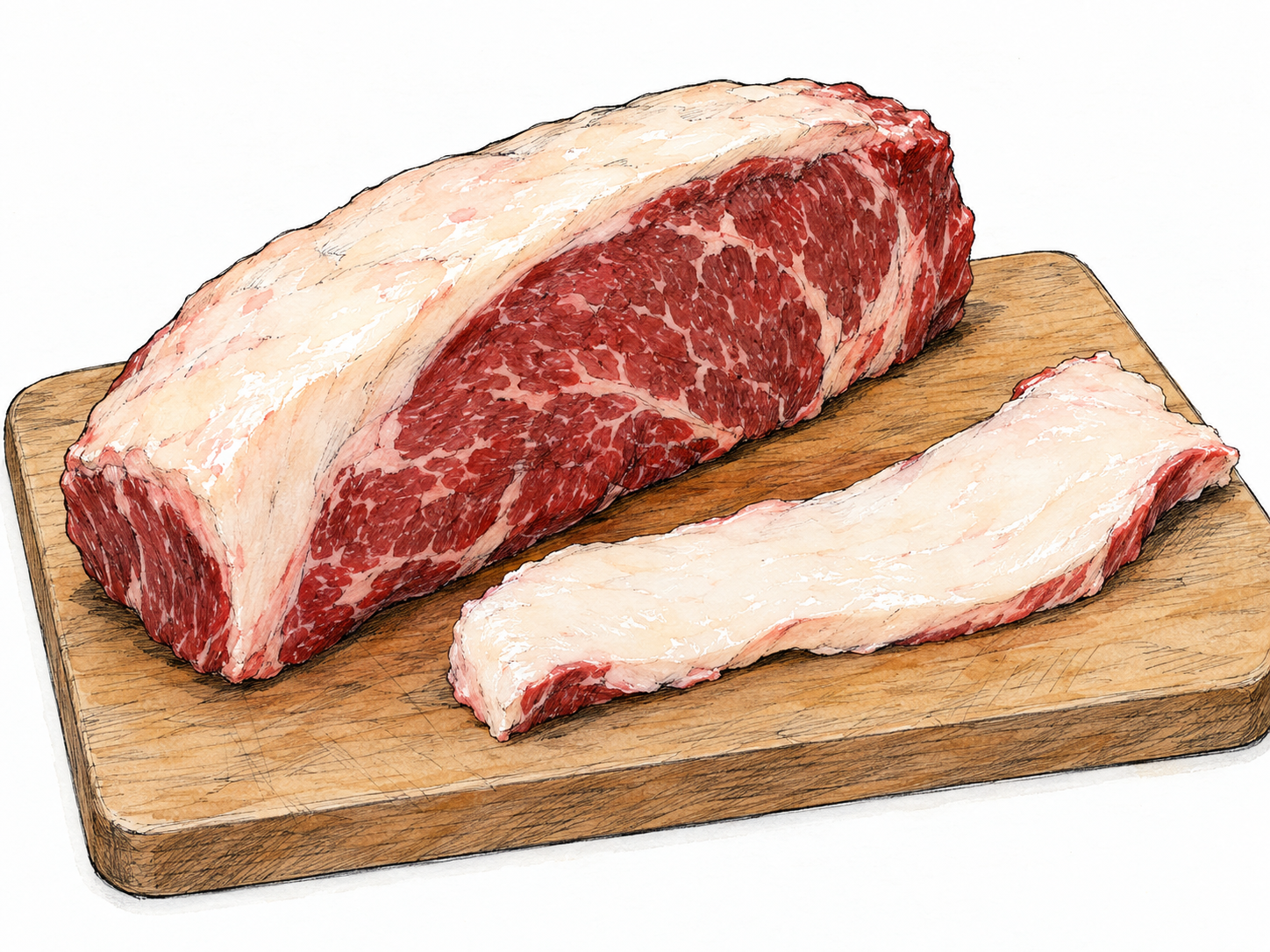 A close view of a raw cut of meat with a thick, clearly distinguishable creamy-white fat layer; a trimmed piece of that same fat rests beside it on a plain cutting board.