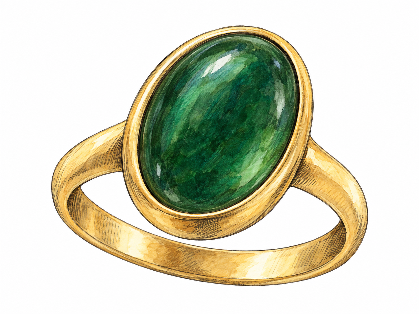 A close-up three-quarter view of a gemstone ring, emphasizing the continuous metal rim folded snugly around the gemstone’s edge.