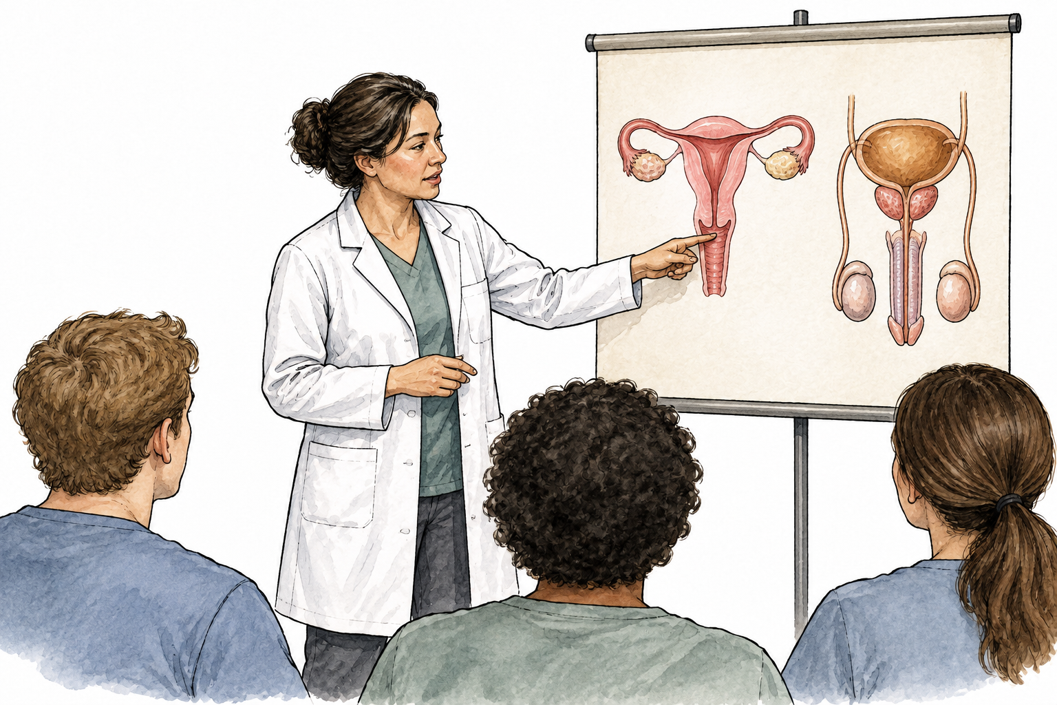 Fully clothed clinician points to reproductive organs on a small neutral medical anatomy chart in classroom; accurate scientific illustration, no text, no erotic context.