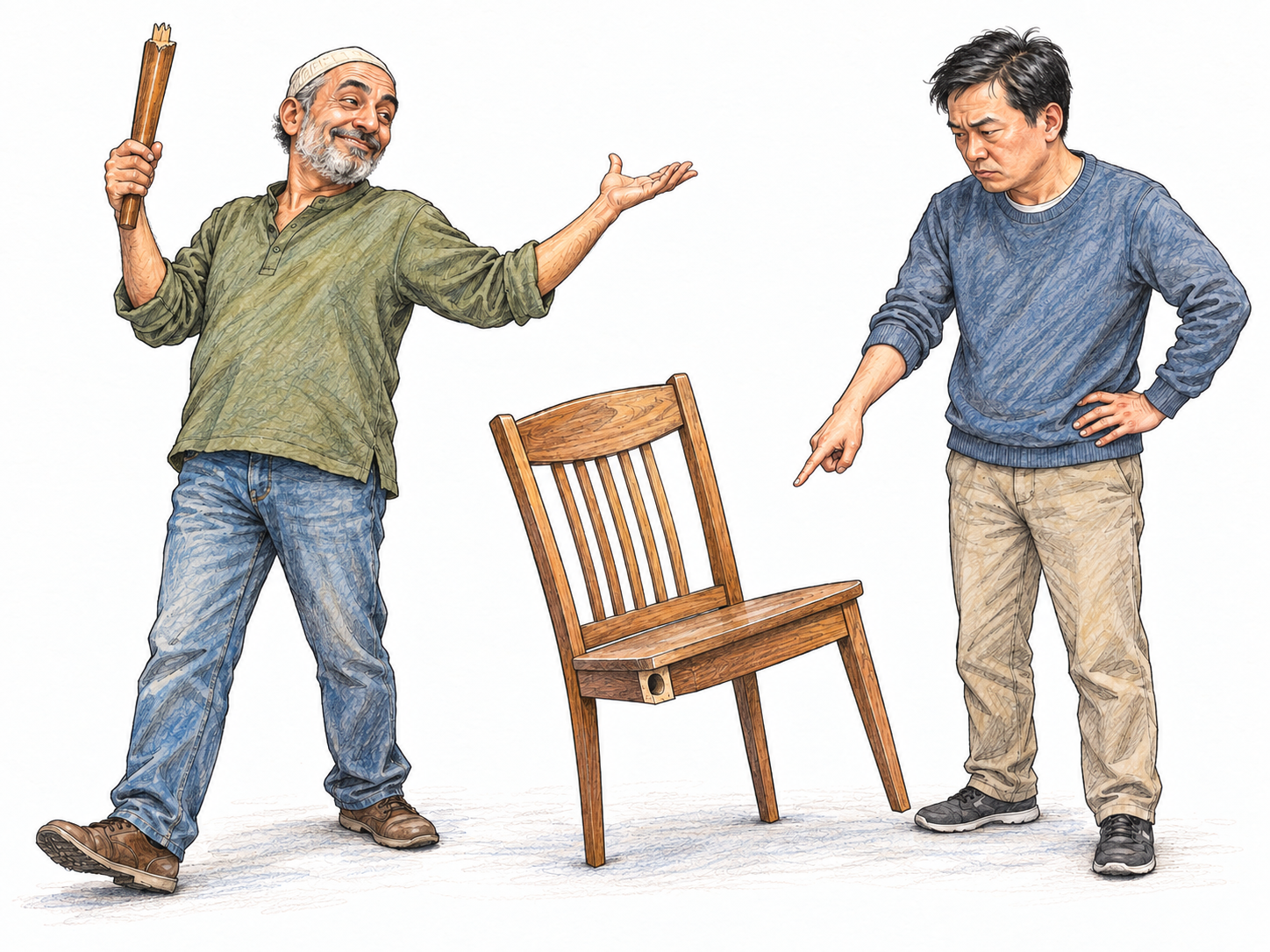 During a serious discussion of a broken chair, an older man jokingly presents its detached leg as a royal scepter; his colleague responds with an unimpressed expression.