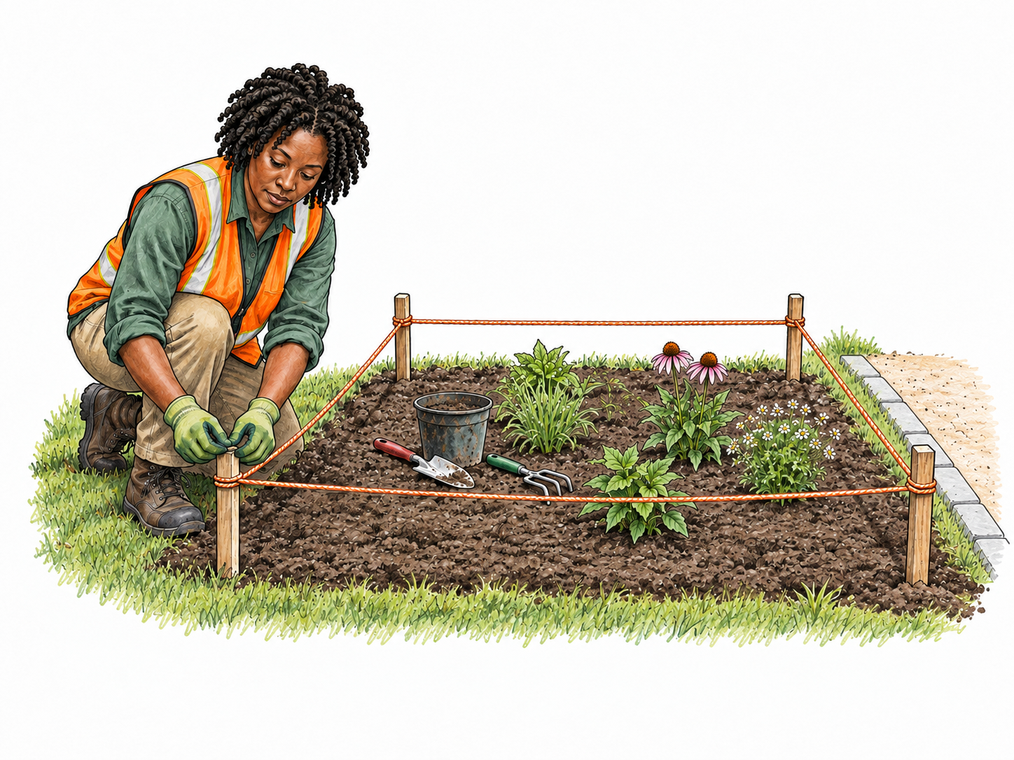 Worker marks distinct rectangular garden work zone using four short stakes and taut visible boundary rope; small tools inside, walking path outside, no lettering.