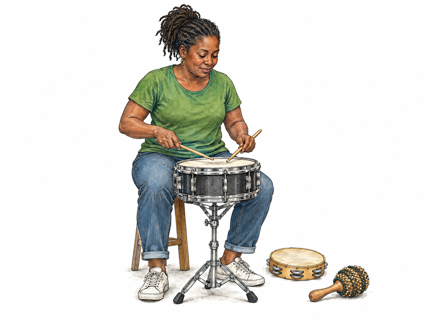 An adult percussionist strikes a small snare drum with two wooden drumsticks, a plain tambourine and shaker lie nearby.