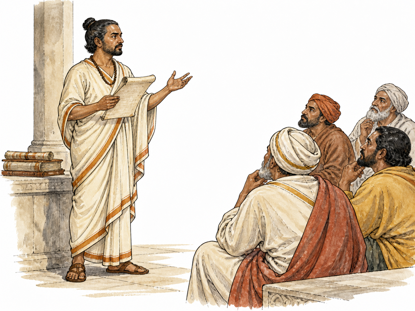 A South Asian scholar presents a reasoned defense with a manuscript before an audience.