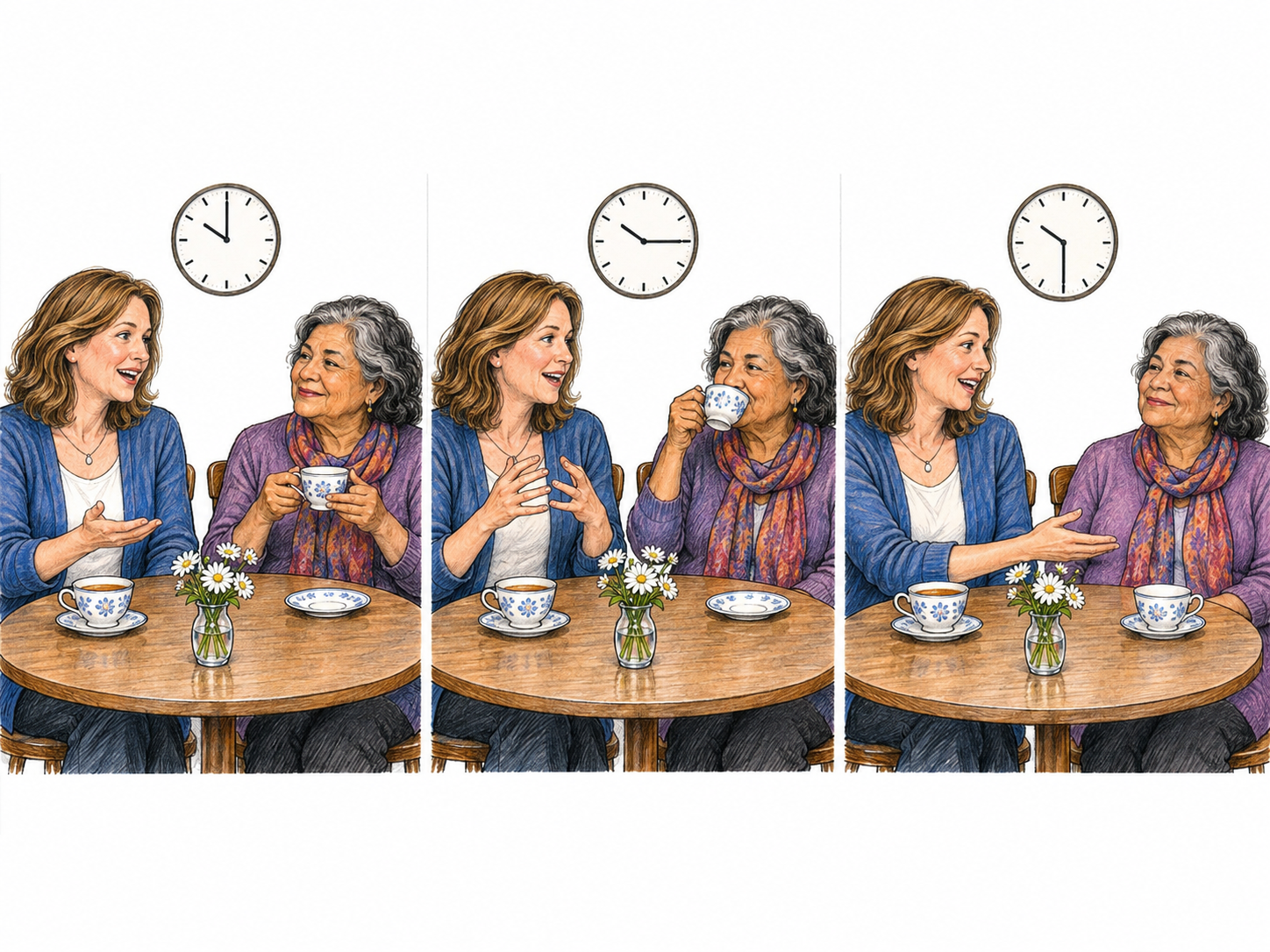 A compact three-moment sequence shows the same relaxed, animated woman continuing to speak while her companion finishes a cup of tea and settles into a listening pose.