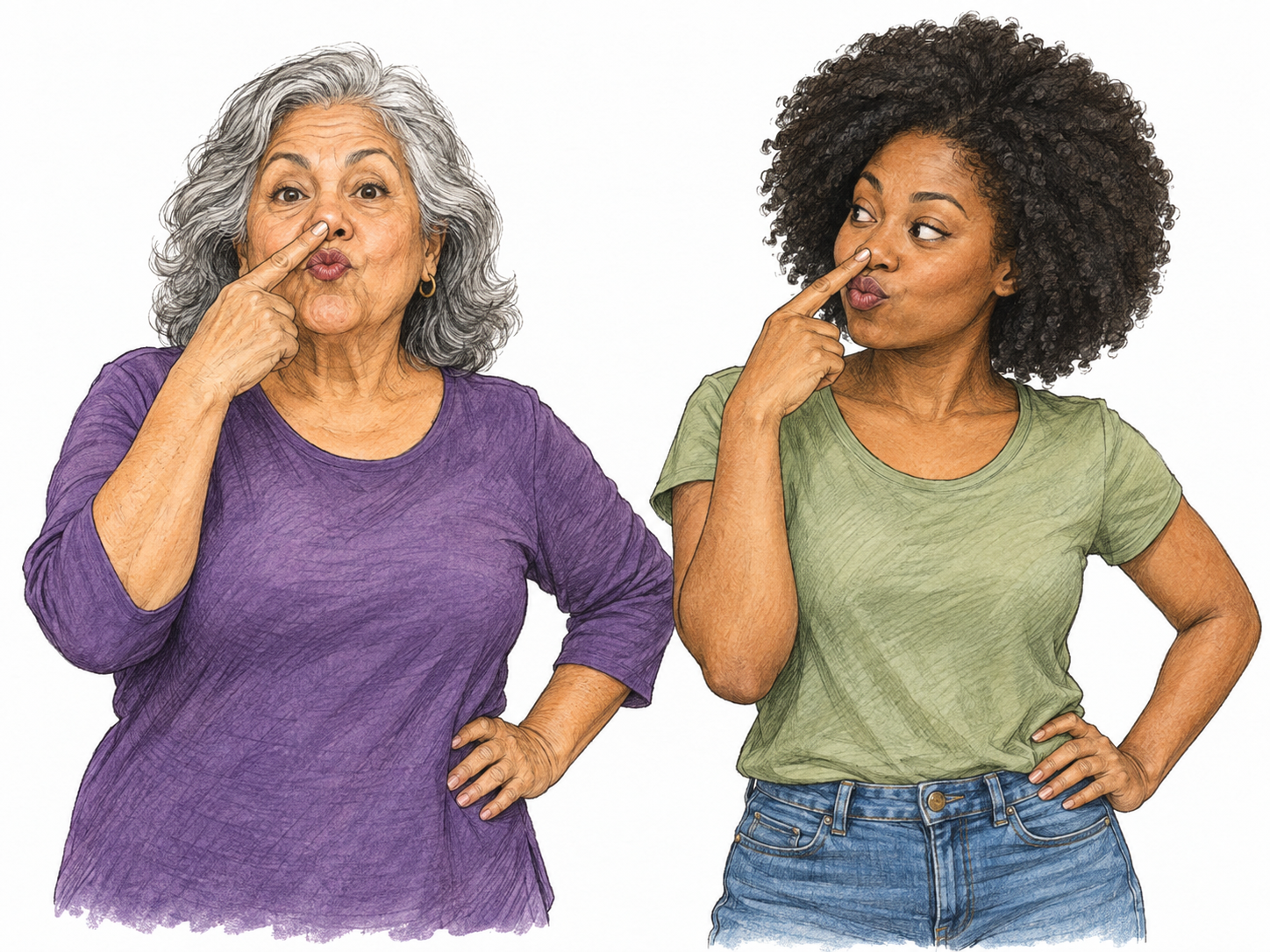 A young woman playfully copies an older woman's distinctive posture and facial expression while looking directly at her for the model.