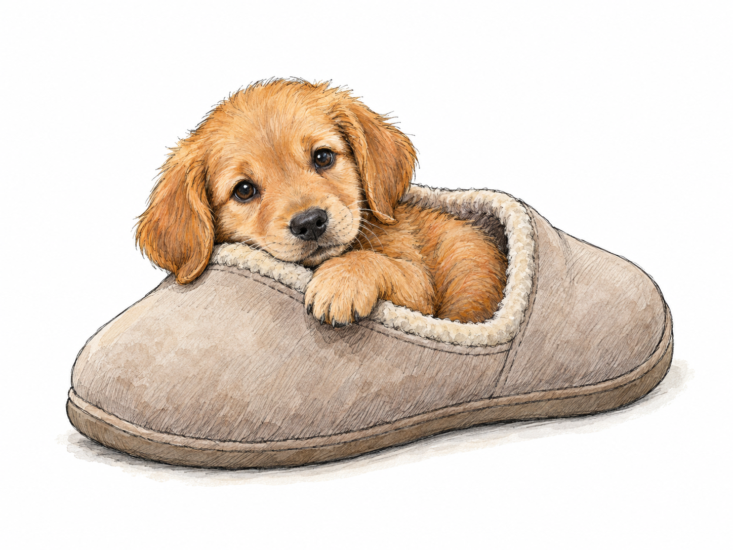 A tiny, fluffy puppy nestled in a plain oversized slipper, resting its chin on the soft rim with relaxed floppy ears and a gently tilted head.