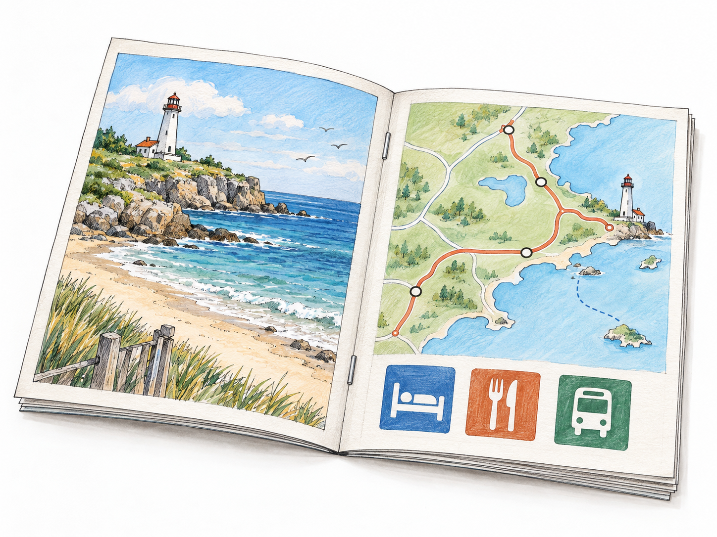 A small, thin travel-information booklet lies open, showing a coastal destination picture, a simple route map, and practical amenity pictograms.