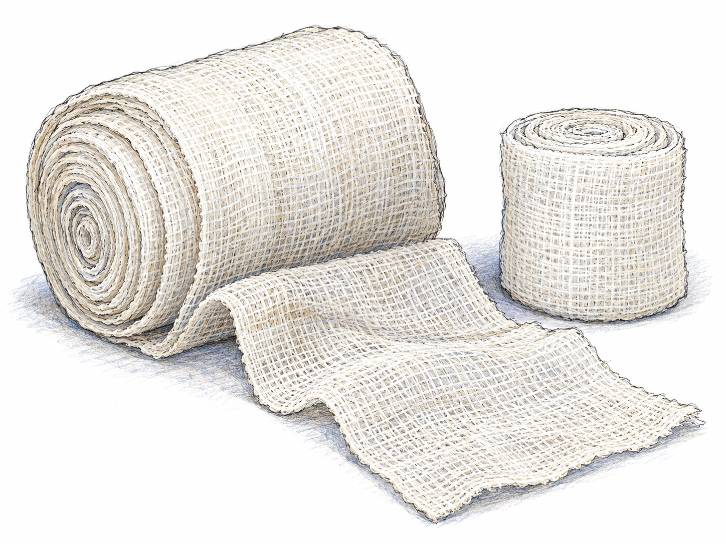 A partly unrolled gauze bandage with its broad, continuous strip clearly visible, beside a second neatly rolled bandage.