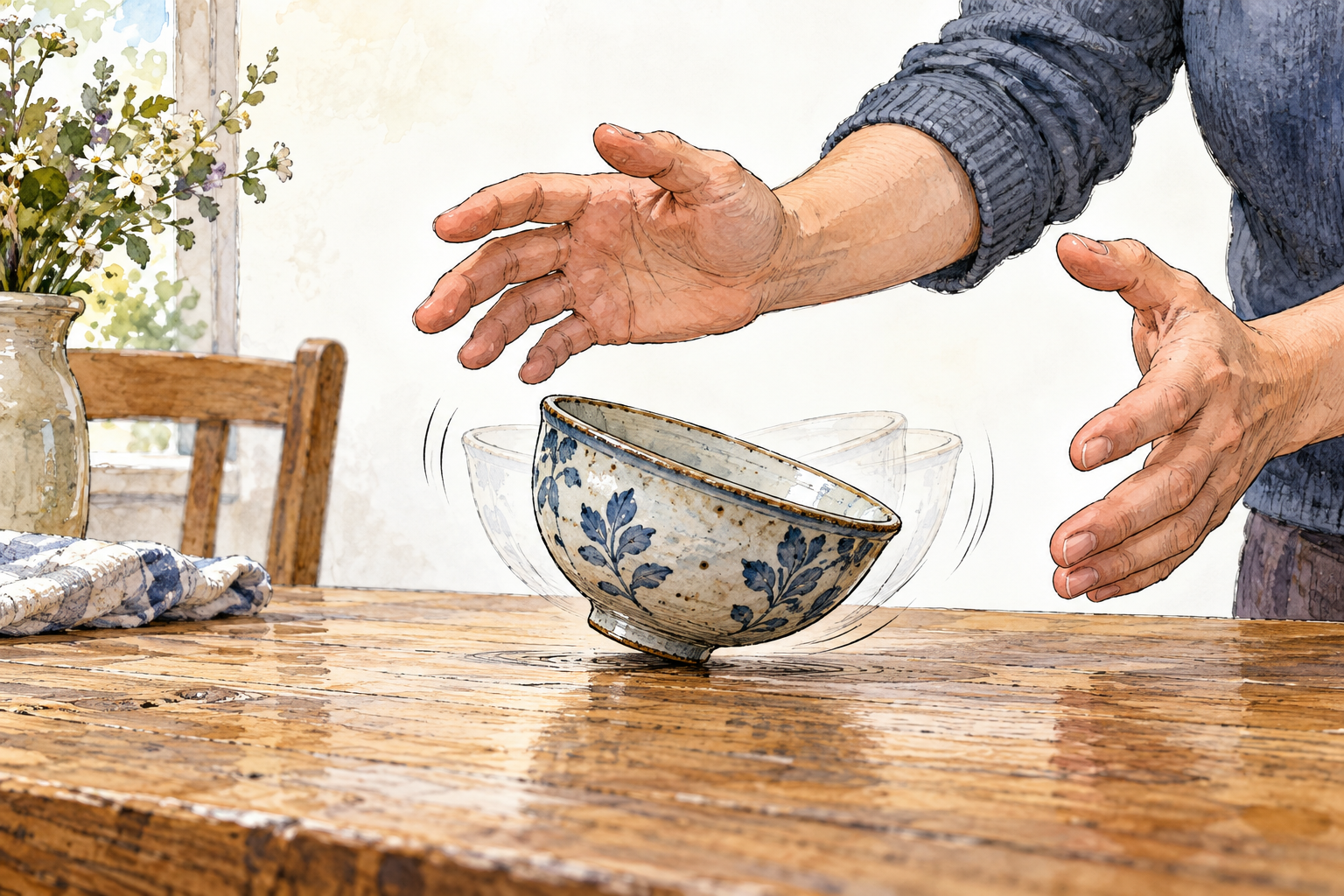 A ceramic bowl balanced on its rounded foot rocks from side to side on a wooden tabletop, tilted slightly with restrained double motion contours marking alternating positions, nearby person's hovering hands ready to catch it.