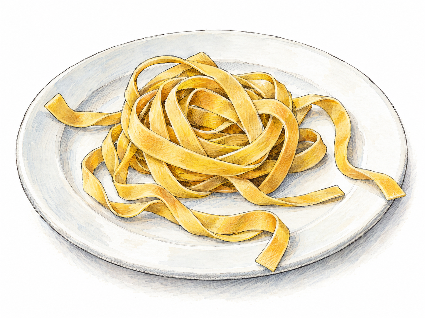 A small loose nest of golden fettuccine on a plain white plate, with several long strands extending separately to make their flat, ribbon-like shape unmistakable.