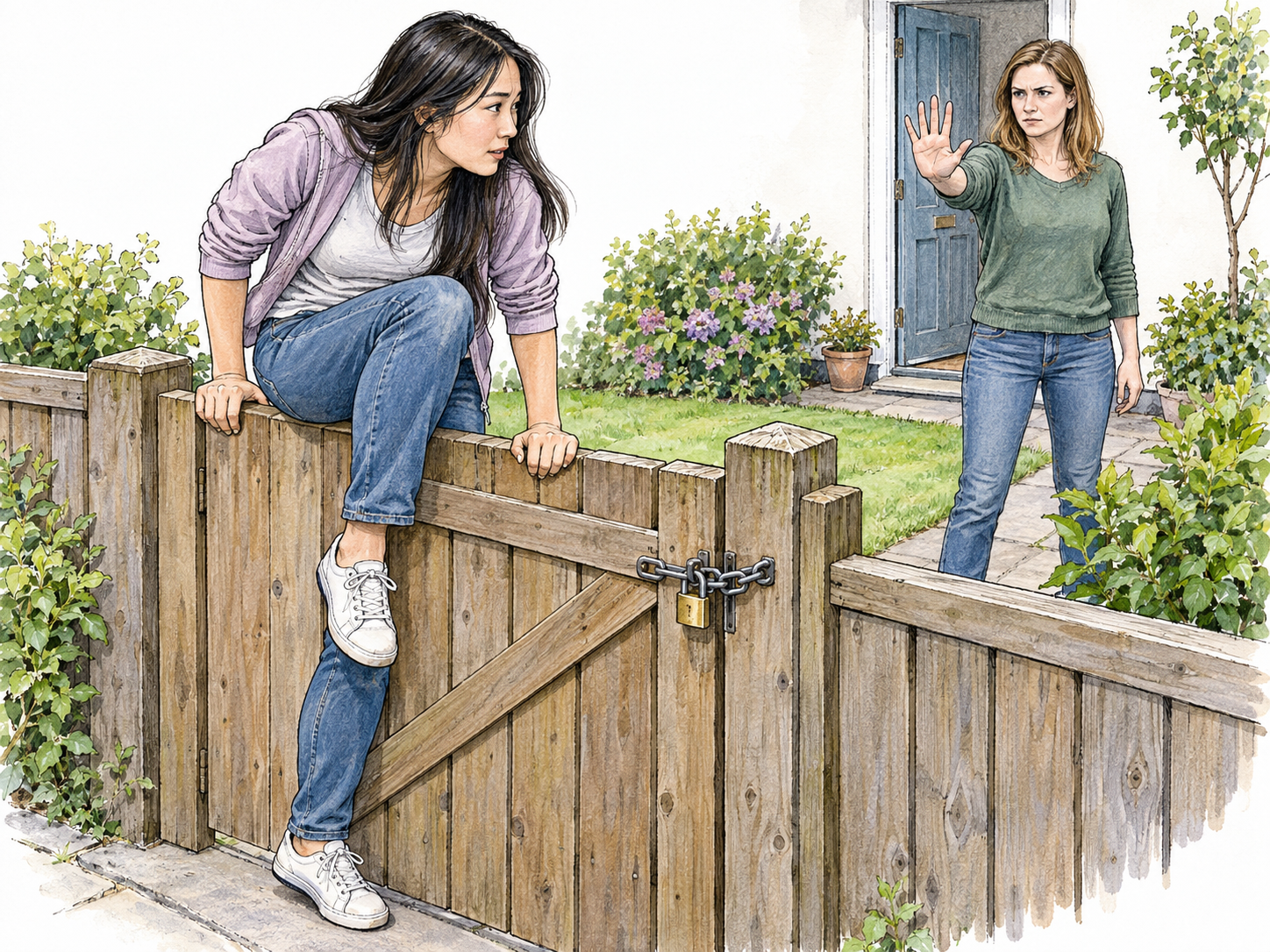 A woman climbs over a visibly chained, locked garden gate into a private residential yard while the resident inside raises a firm stop palm toward her.