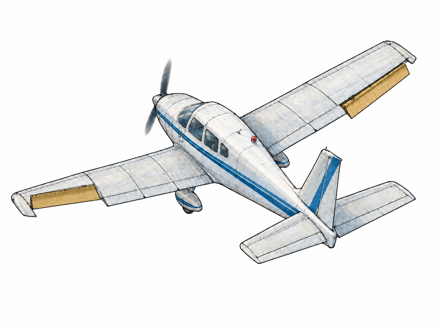 An elevated rear three-quarter view of a small airplane shows its outboard trailing-edge ailerons deflected in opposite directions, with a slight bank making their roll-control function visible.