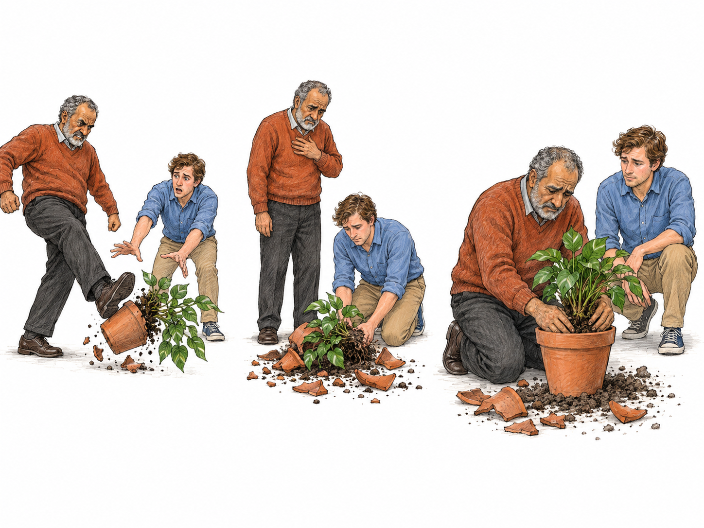 A text-free three-moment sequence shows the same man angrily kicking another man's potted plant over, confronting the damage with visible remorse, and then carefully repotting the plant while its owner watches.