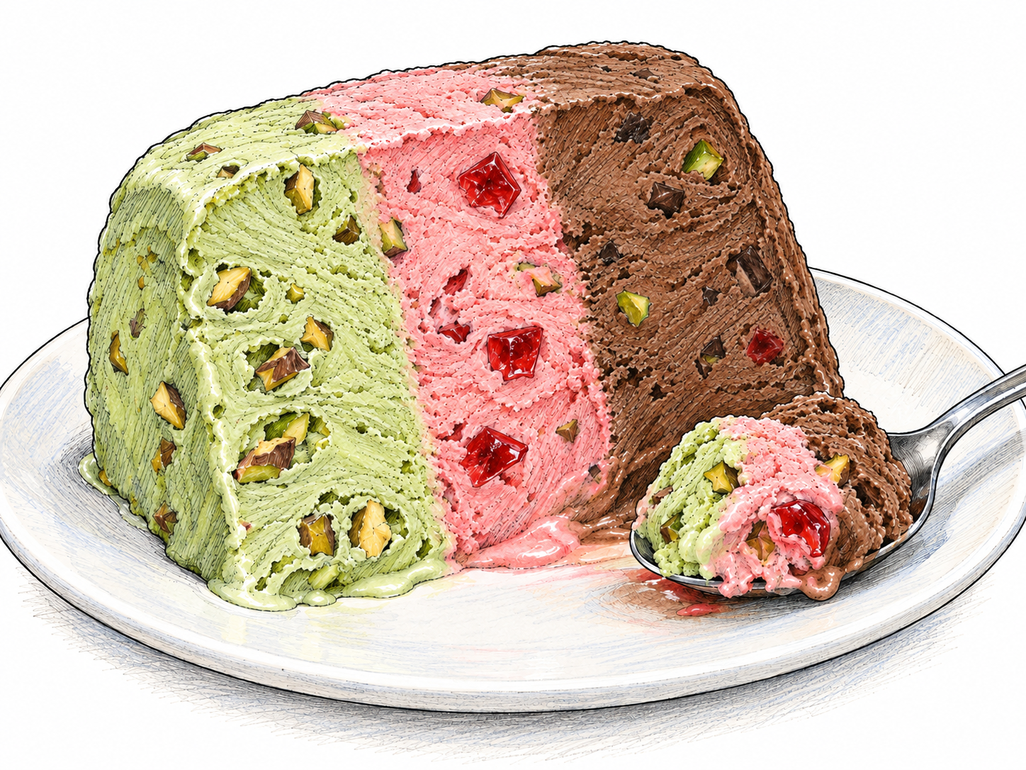 A thick slice of molded spumoni on a plain plate, showing distinct pistachio-green, cherry-pink, and chocolate-brown ice-cream layers with embedded candied cherry pieces and chopped pistachios.