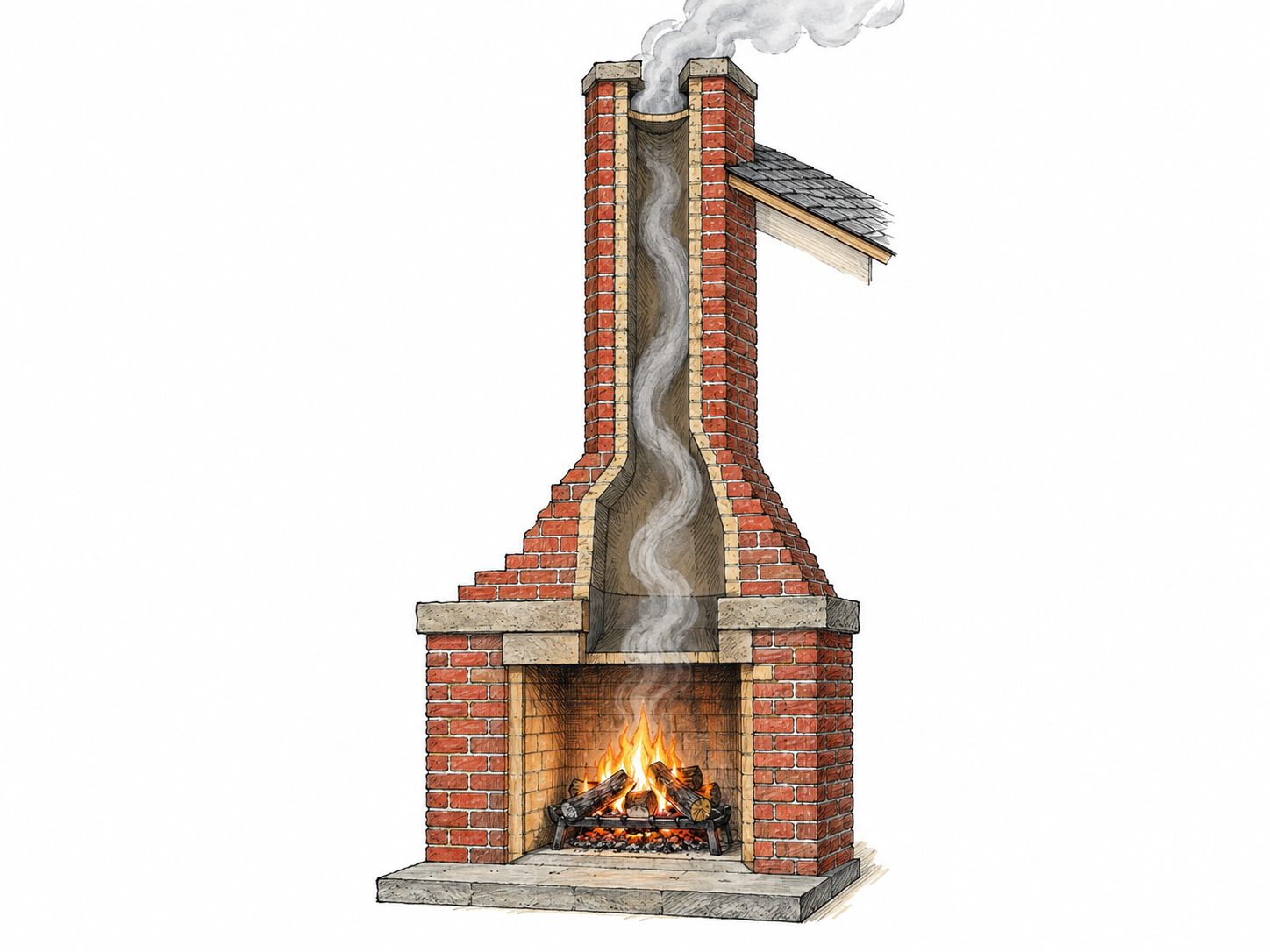 A simple cutaway of a brick fireplace and its tall chimney, showing smoke rising directly from burning logs through the enclosed vertical flue and emerging above the chimney top.