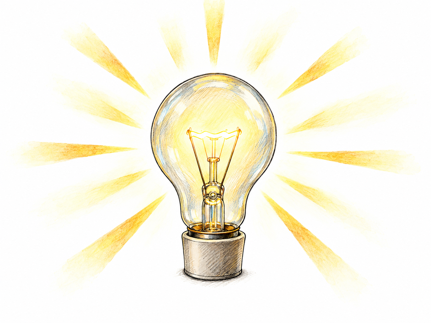 A lit bare bulb sends distinct warm rays outward in every direction, making the emission of light—not merely the presence of a lamp—the central action.