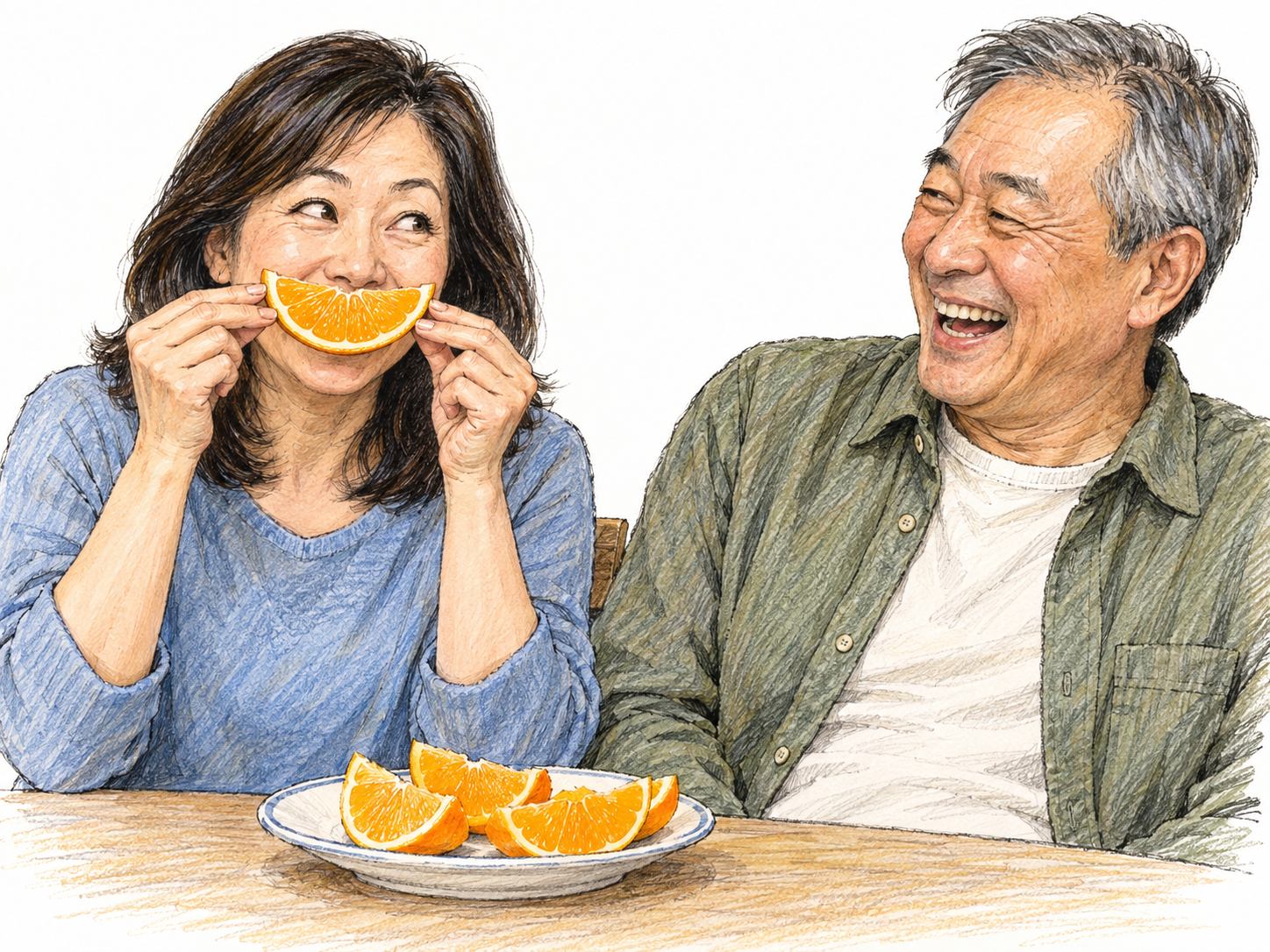 At a casual meal, a woman playfully holds a broad crescent-shaped orange wedge in front of her mouth like an exaggerated orange grin, exchanging amused eye contact with a laughing companion.