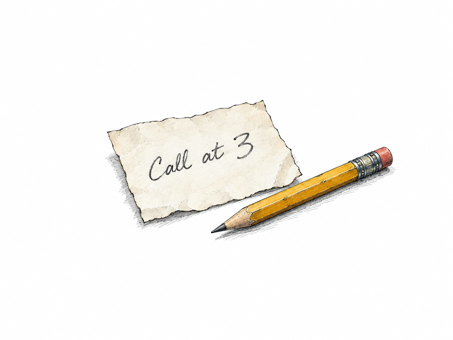 Small handwritten note says ONLY 'Call at 3' on a plain scrap beside pencil, brief message is essential content.