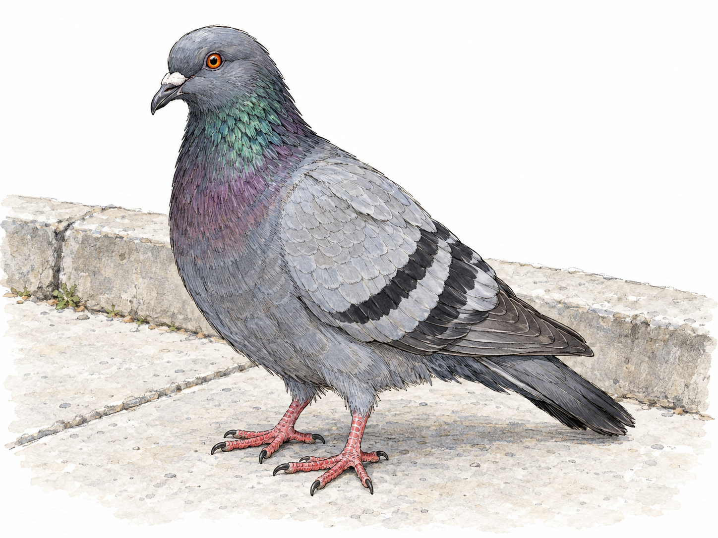 A recognizable city pigeon stands in three-quarter side view on a small patch of sidewalk, showing its stout body, gray plumage, two dark wing bars, iridescent neck, and pink feet.