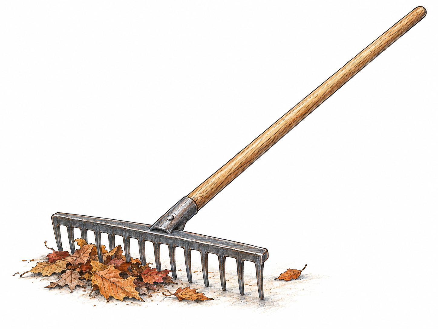 A clearly recognizable garden rake with a long wooden handle and a straight toothed metal bar, resting beside a small gathering of fallen leaves.