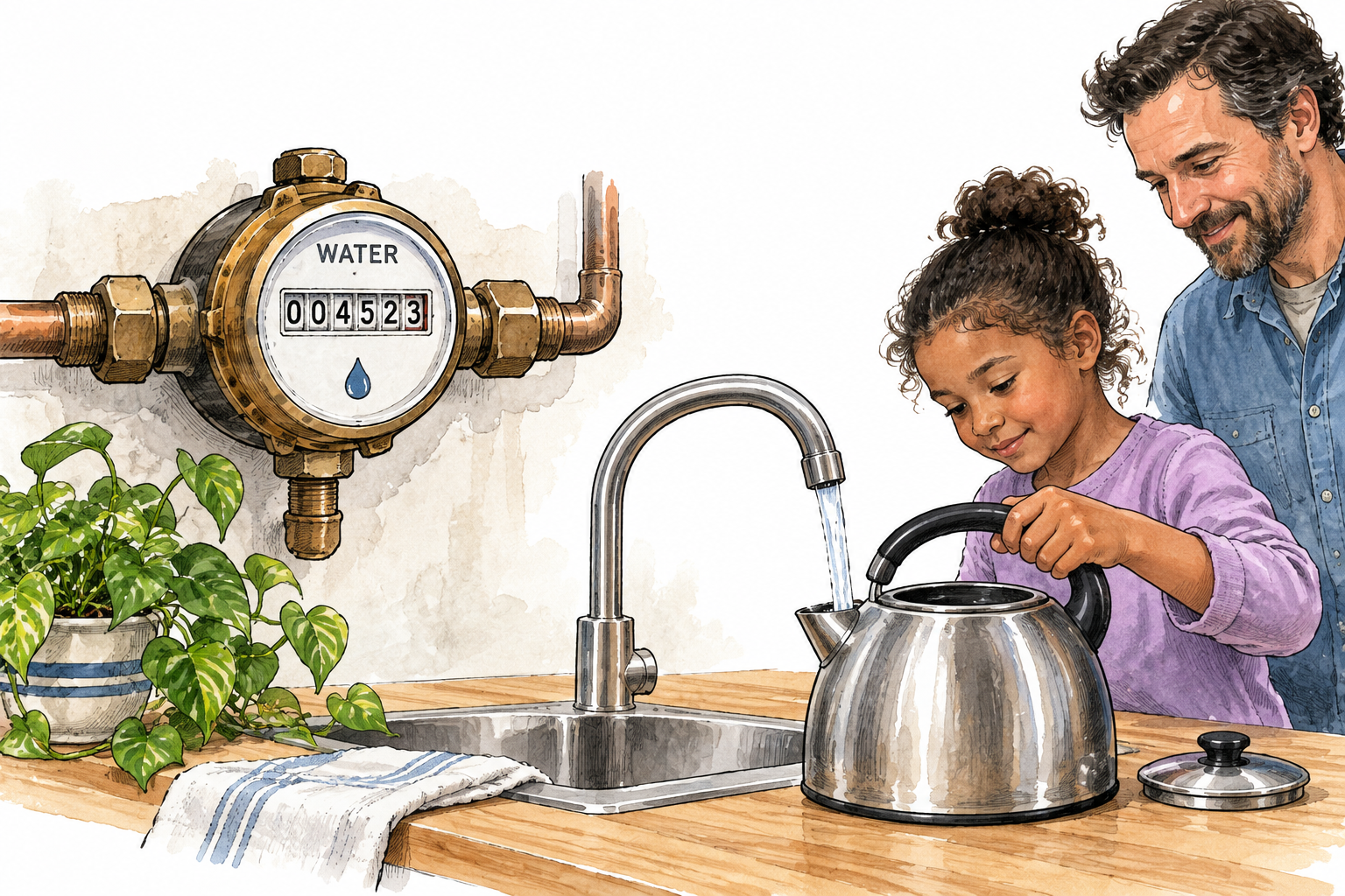 A home's water meter and a filled kettle illustrate measurable use of a resource, no unreadable tiny numbers.