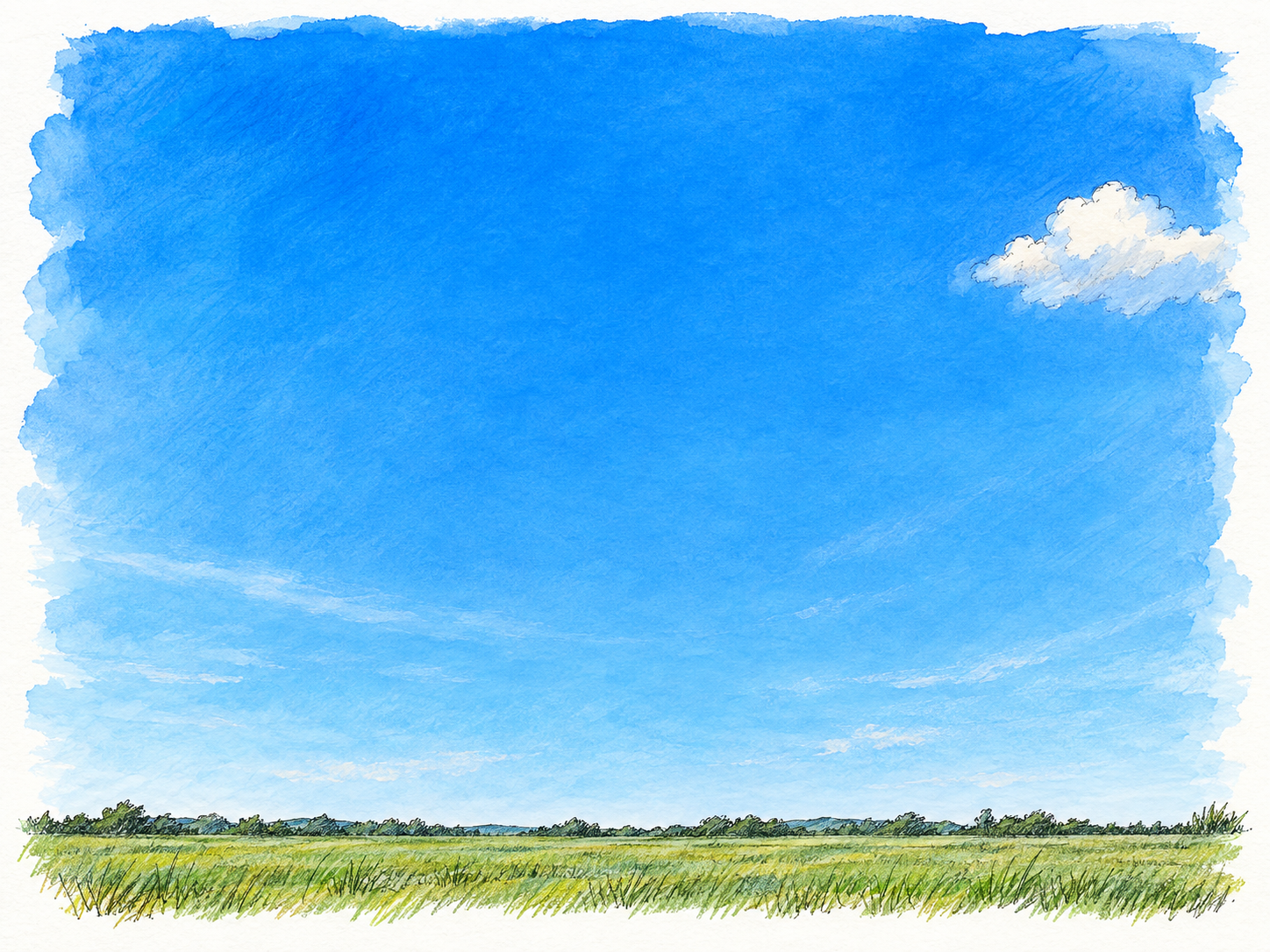 A simple open-sky landscape dominated by bright azure blue, with a very low grassy horizon and a small white cloud near one edge to make the sky and its color immediately recognizable.
