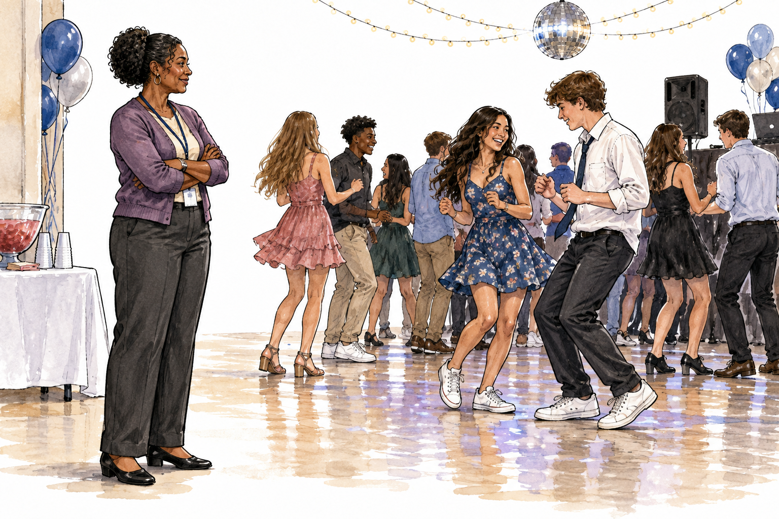 An adult chaperon calmly supervises teenagers at a school dance from a respectful distance.