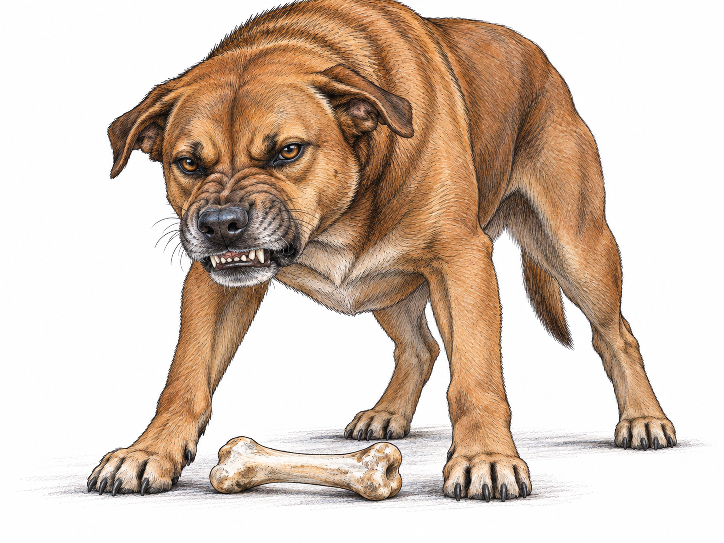 A large dog giving a low, threatening growl over a bone: a familiar concrete example of a harsh sound made deep in the throat, rather than a wide-mouthed bark.