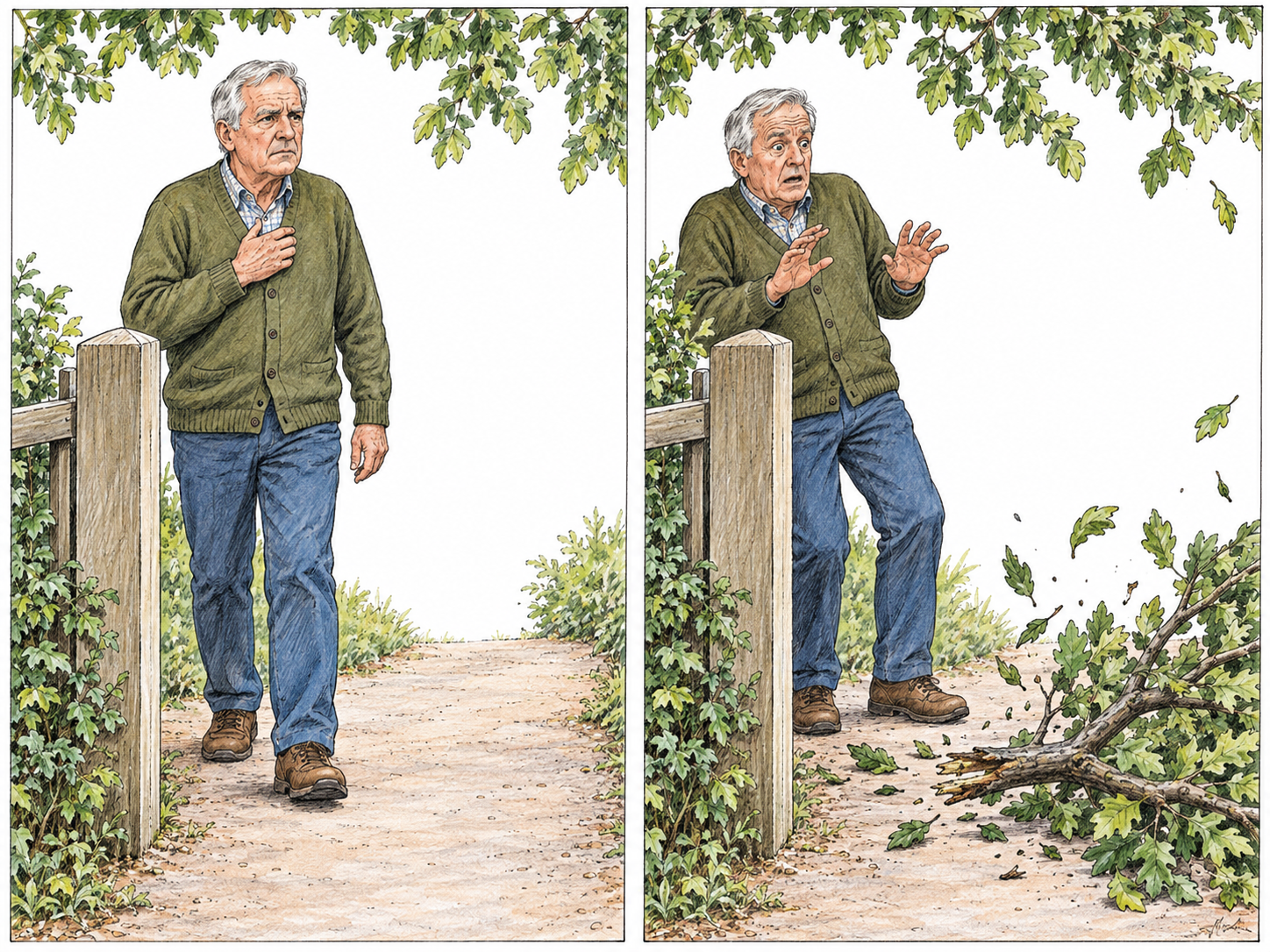 An unexplained uneasy pause immediately before a falling branch: a compact two-panel sequence makes the feeling-before-the-event visible without showing a warning hazard in advance.