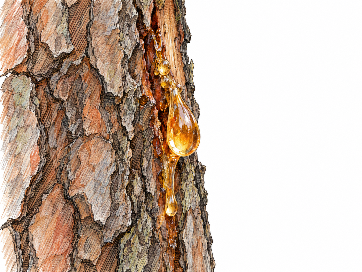 A close view of amber resin slowly oozing from a small split in pine bark: tiny beads gather along the split, merging into a thick rounded droplet with a short sticky trail.