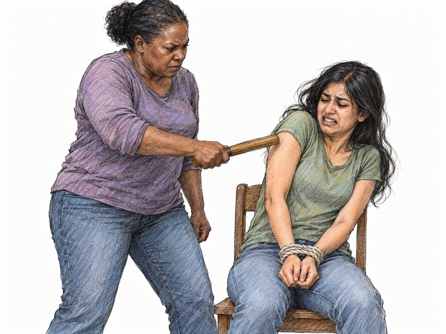 A captor deliberately beats a bound, defenseless prisoner, conveying an extremely cruel act without graphic injury.
