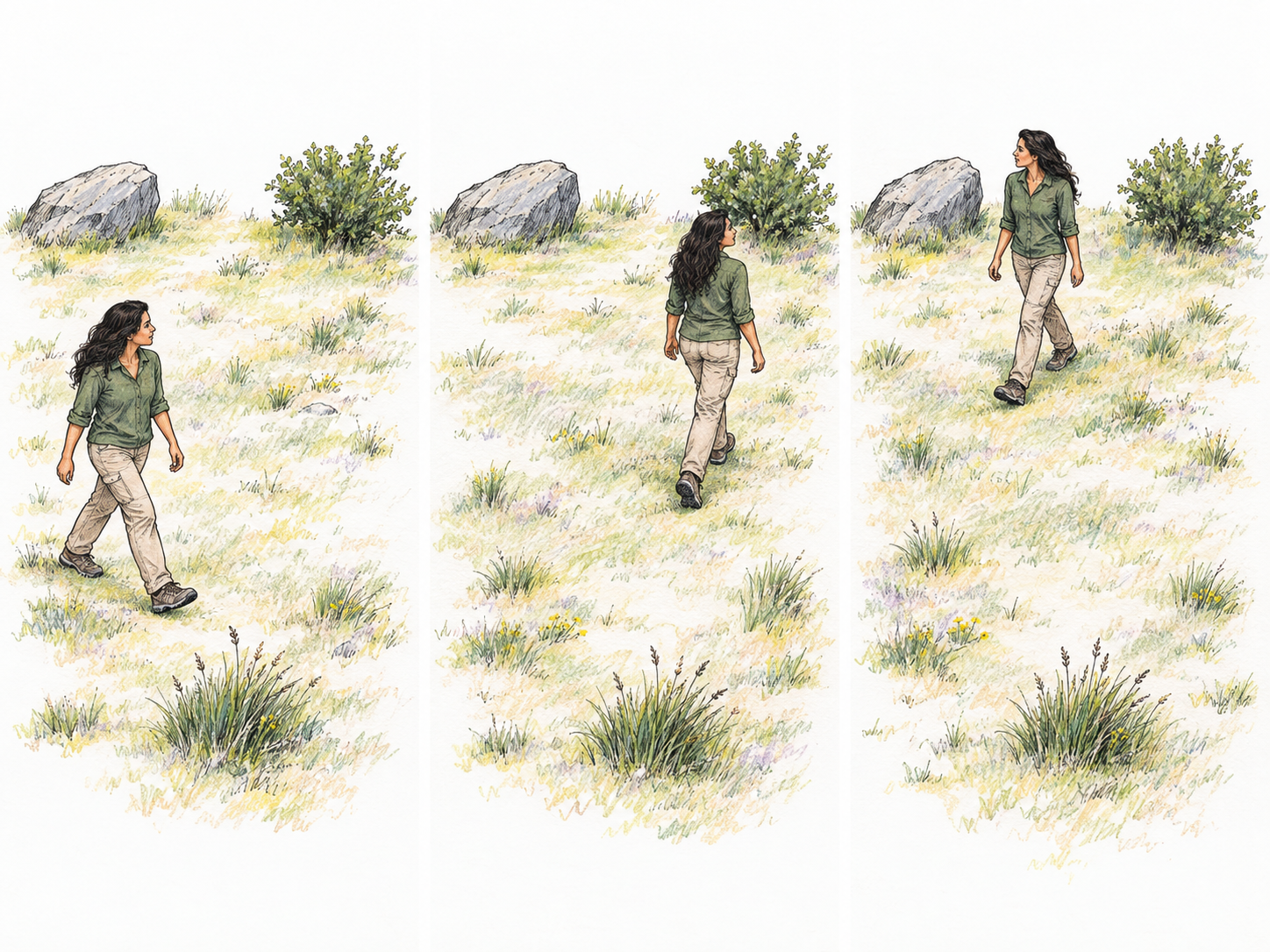 A compact three-panel sequence follows the same woman roaming around one small open meadow, changing direction between scattered natural features rather than following a path.