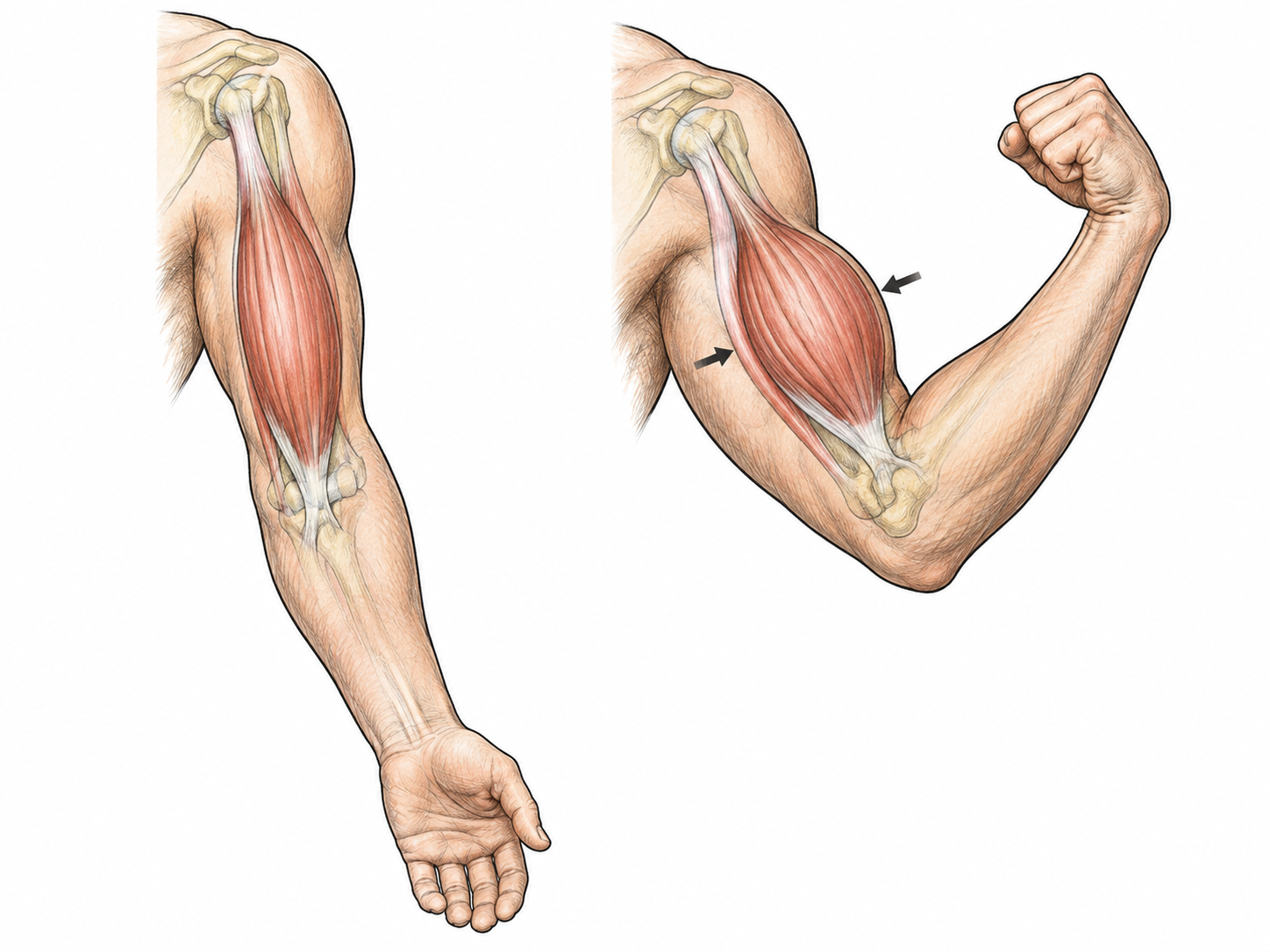 Two matched views of same adult upper arm: relaxed straight elbow with longer slim biceps, then flexed elbow with visibly shortened thicker biceps; translucent simple muscle overlay, small inward arrows on contracting biceps, no labels.