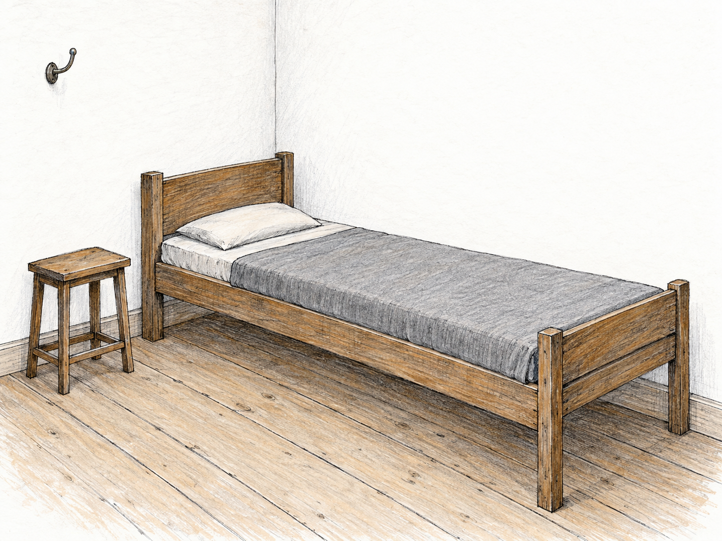 A stark, clean sleeping room containing only a narrow hard bed with a thin mattress and one plain blanket, a backless wooden stool, and an unadorned wall hook.
