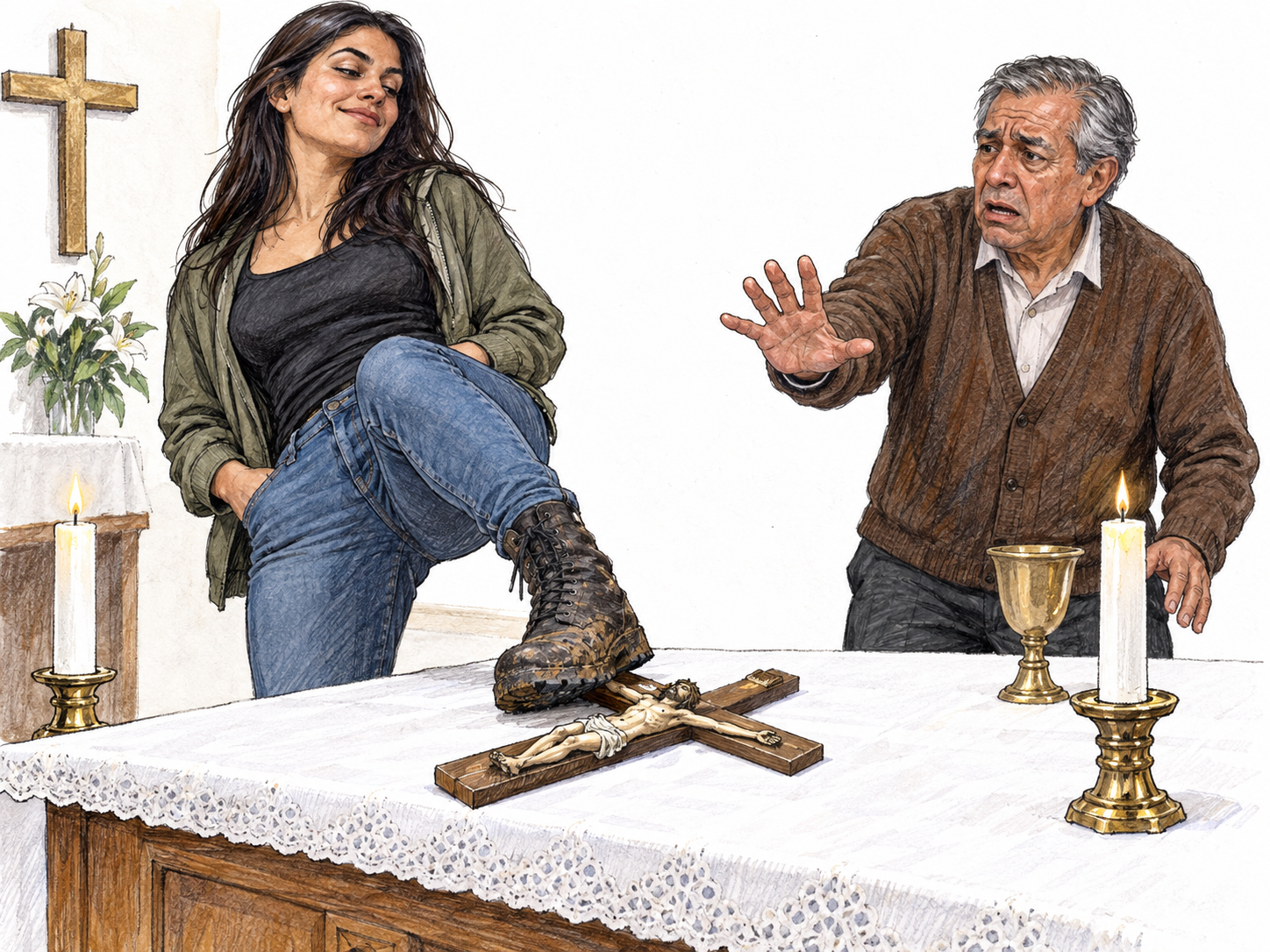 Inside a minimally suggested church, a woman deliberately grinds her muddy boot onto a crucifix lying on the altar while an older witness recoils in distress.