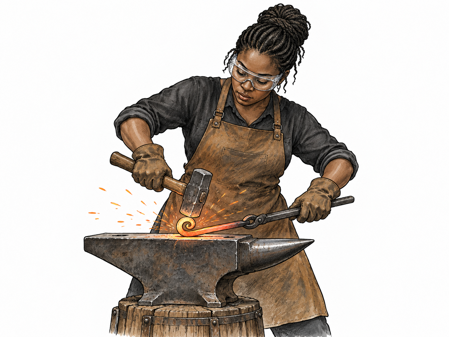 A skilled metalworker uses hammer and tongs to shape heated iron on anvil, visibly creating form through effort, small sparks and safe stance.