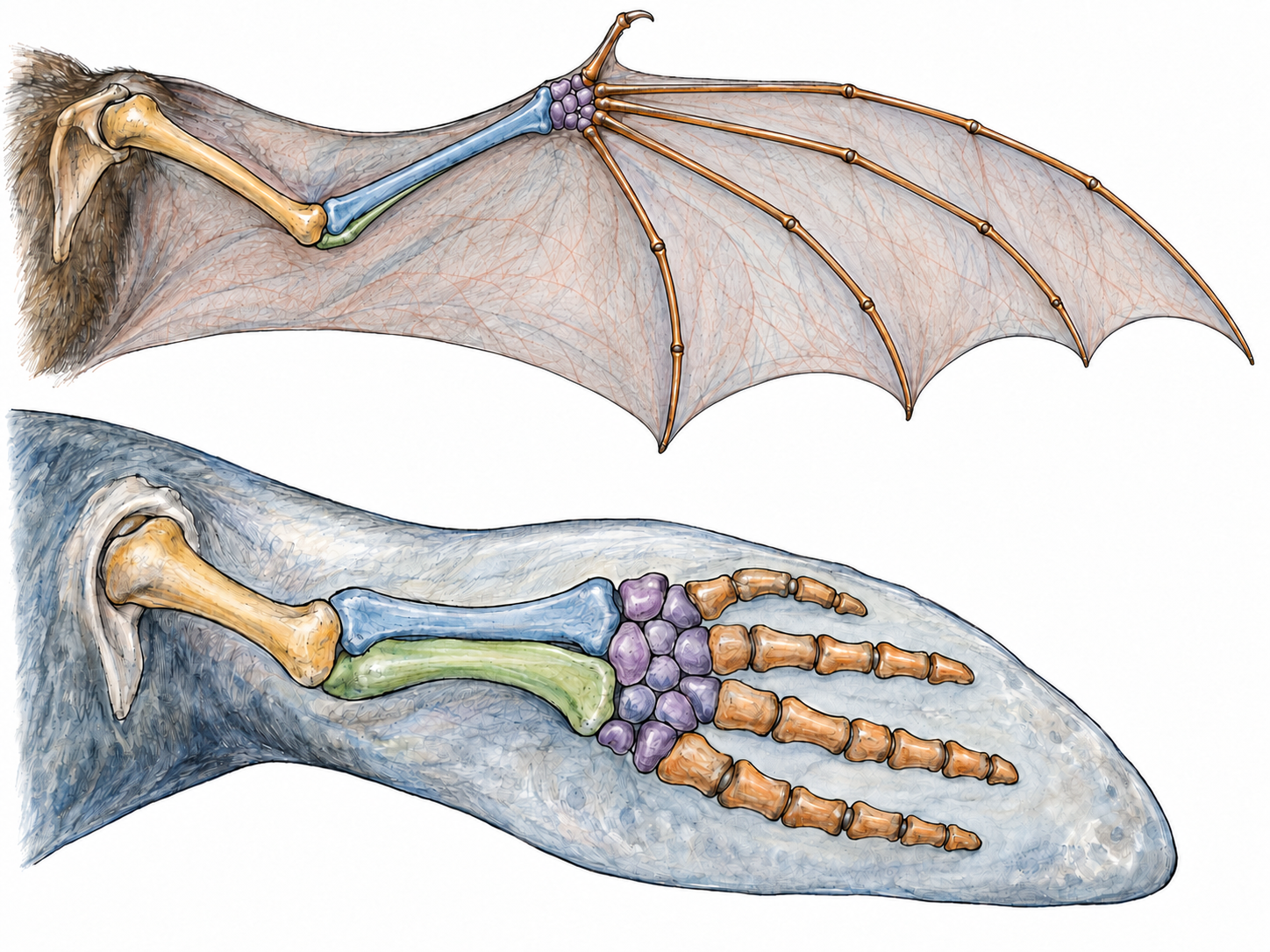 A side-by-side anatomical comparison of a bat wing and a whale flipper, with translucent outer contours exposing the corresponding forelimb bones.