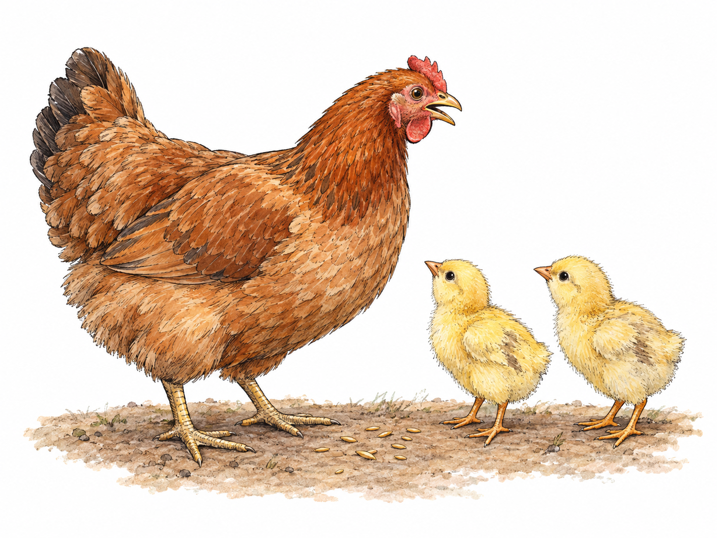 A domestic hen pauses over exposed grain, beak slightly open in a low, relaxed calling posture, while two chicks turn and approach her.