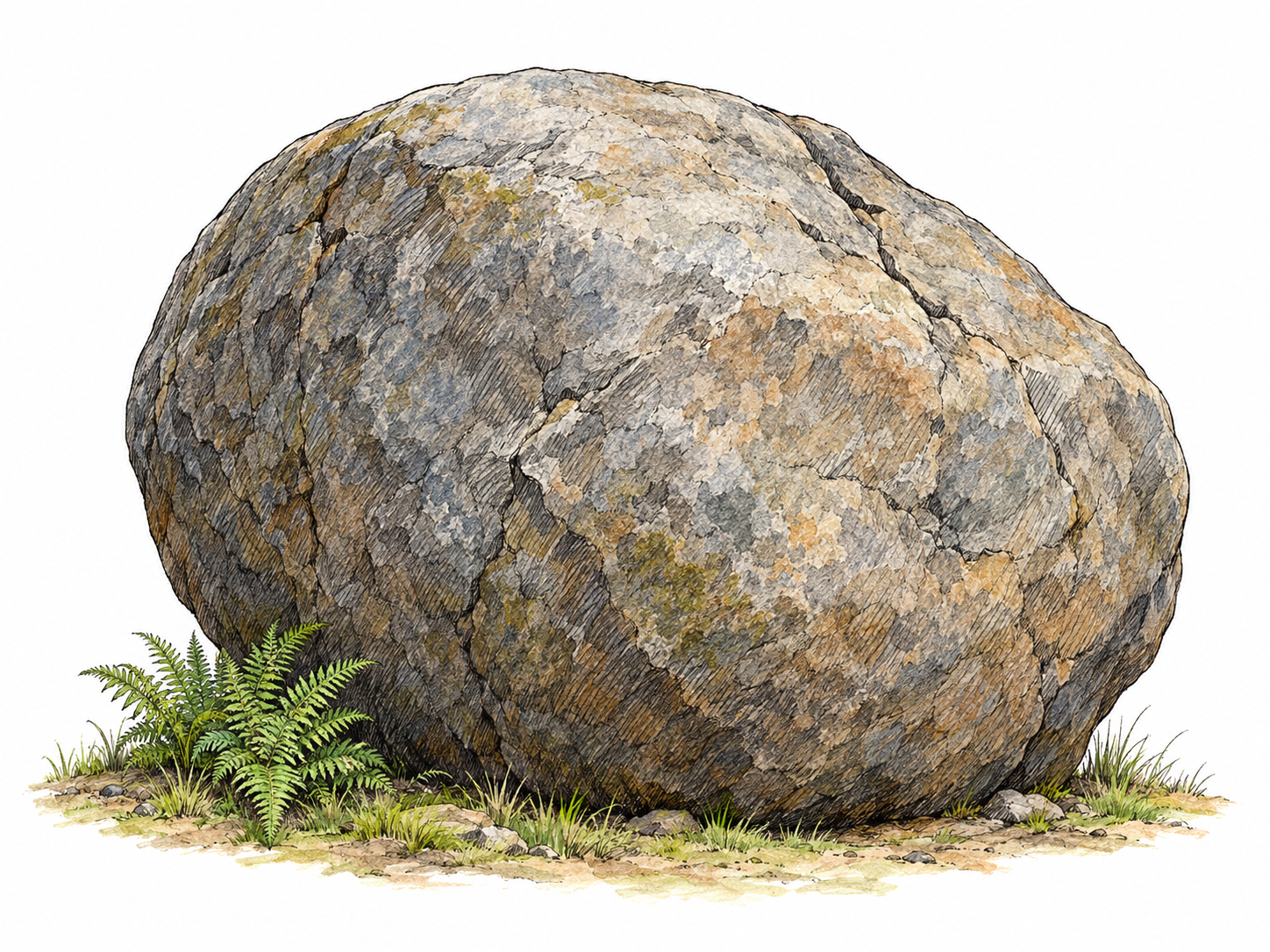 One massive, naturally rounded boulder resting on a small patch of ground, with tiny grasses and a mature fern at its base providing an immediate sense of scale.