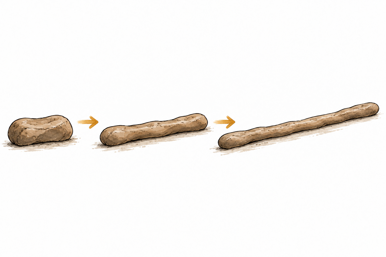 Three successive stages show a soft clay strip lengthening progressively, left to right, simple arrows.