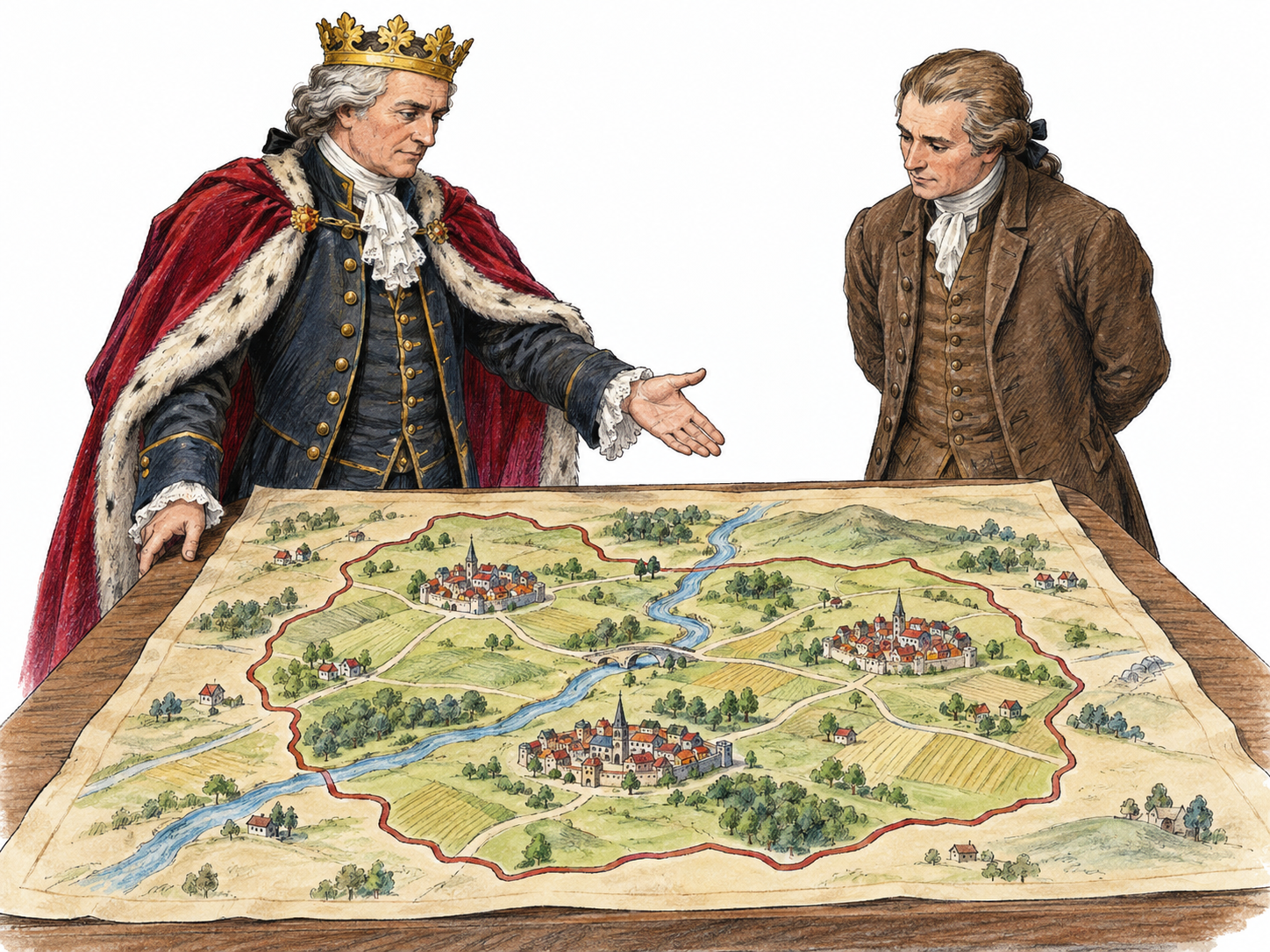A duke overseeing a map of his territory: a clearly bounded region containing several towns, villages and farmland, paired with a distinctive ducal coronet rather than a royal crown.