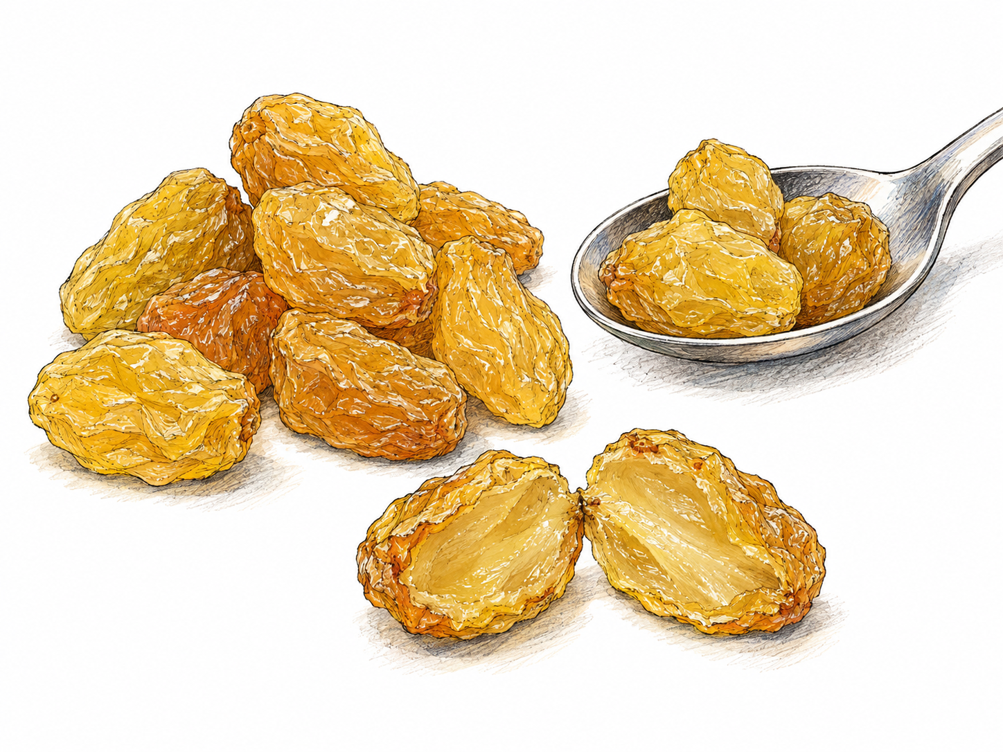 A small cluster of pale golden sultanas beside a plain teaspoon for scale, with one raisin split open to reveal its seedless interior.