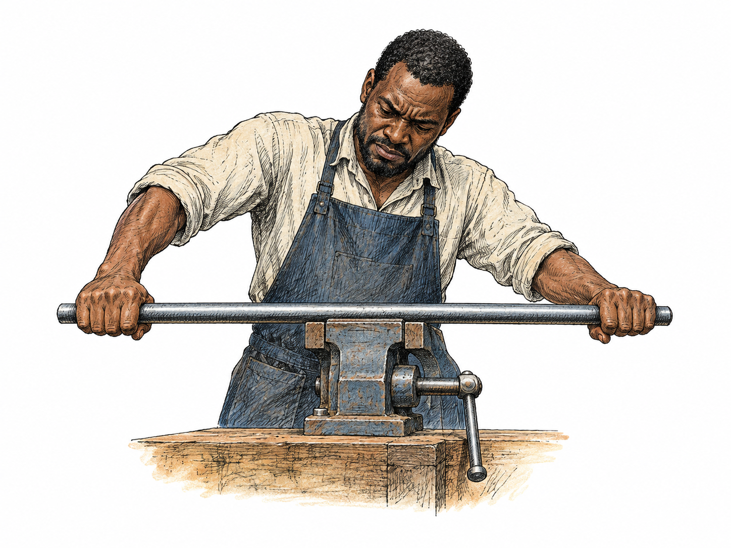 A rigid thick steel bar stays perfectly straight while two hands attempt to bend it, braced over a simple vise; no broken metal or motion implying bending.