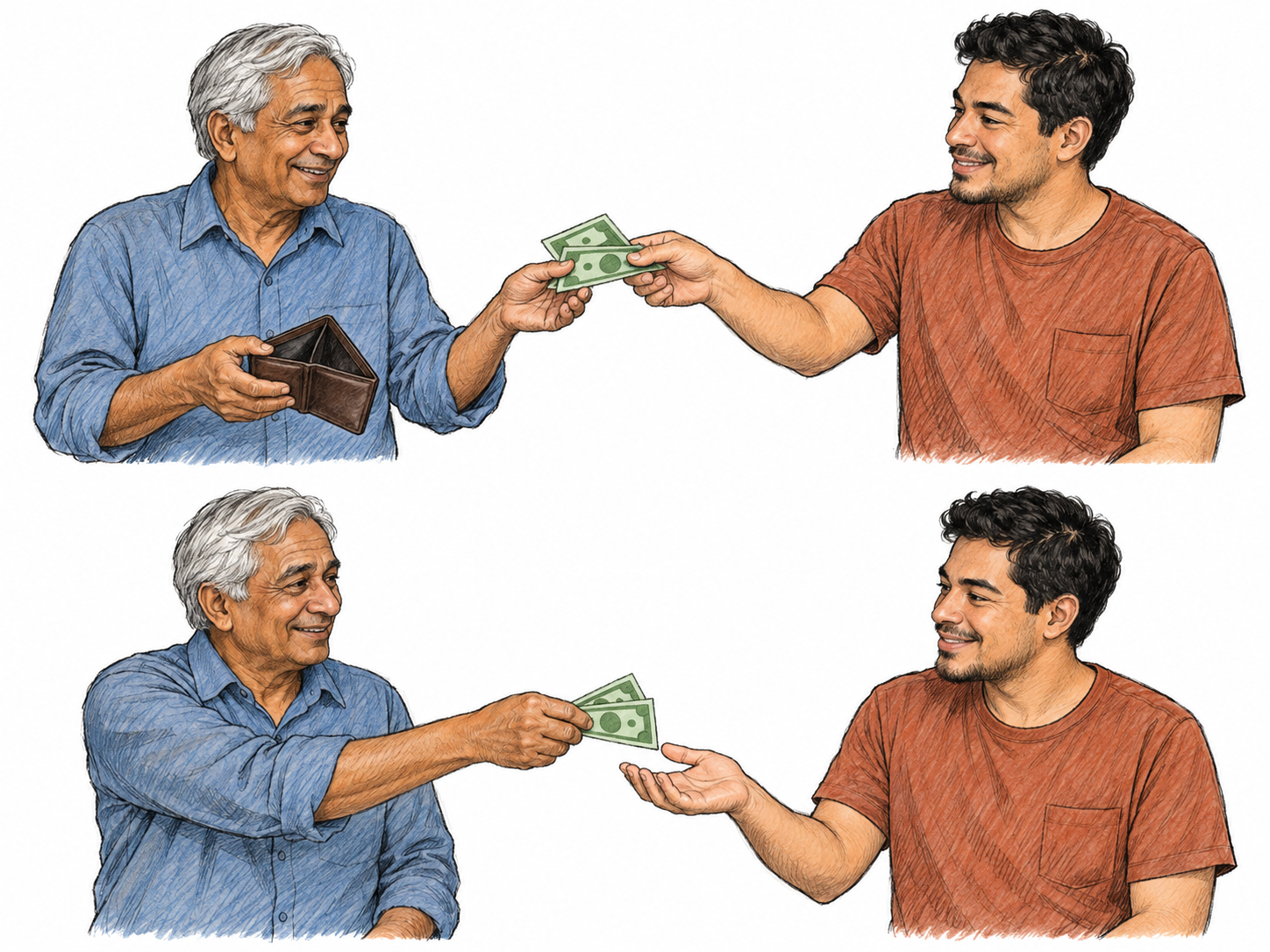 A two-panel sequence shows a man receiving emergency cash from a friend, then handing the same amount back to that friend.