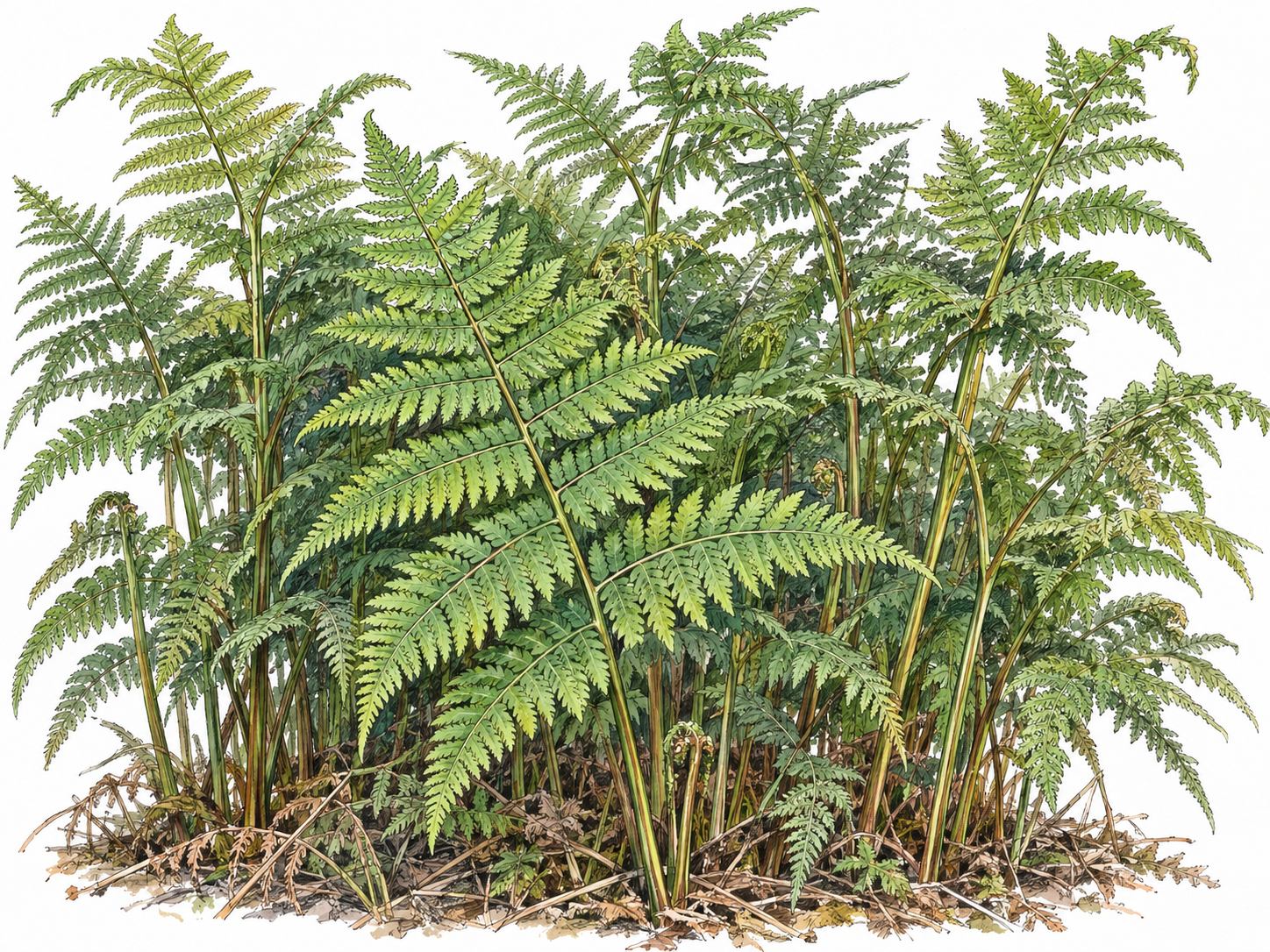 A dense patch of mature bracken, with one foreground frond clearly displaying its broad triangular outline and finely divided leaflets while overlapping upright fronds show the plant's patch-forming growth.
