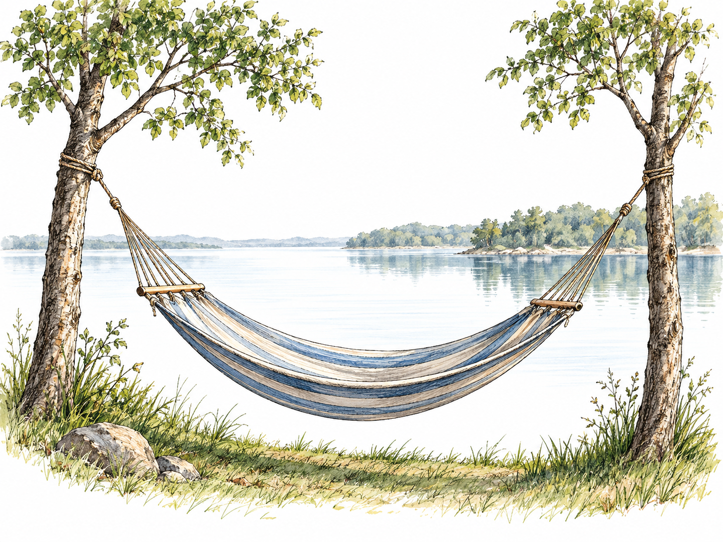 Empty hammock hangs motionless between two small trees beside calm water, peaceful scene with generous white space and no busy panorama.
