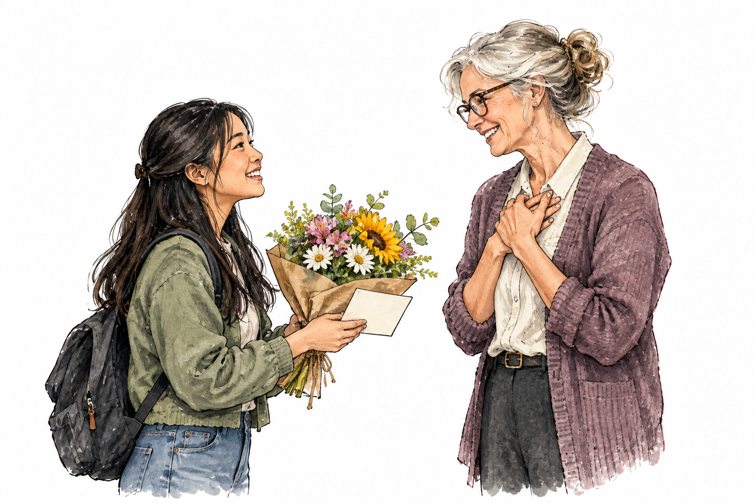 Young East Asian woman sincerely thanks older white teacher with handwritten note and flowers.